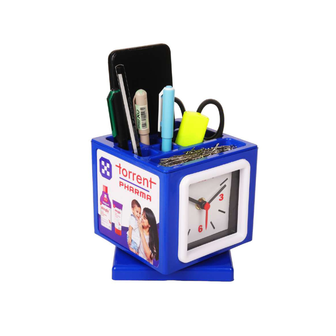 blue-table-clock-with-pen-stand-and-mobile-stand